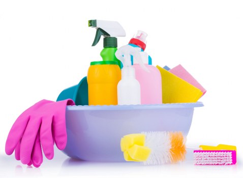 Professional cleaner using protective equipment during carpet cleaning