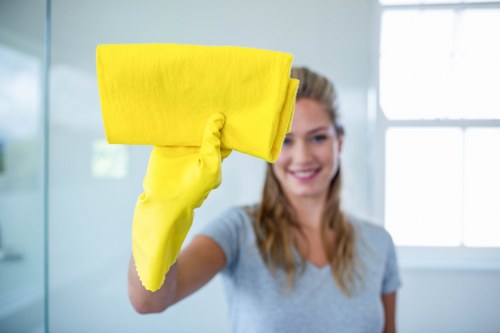 Cleaner inspecting a treated carpet area after service